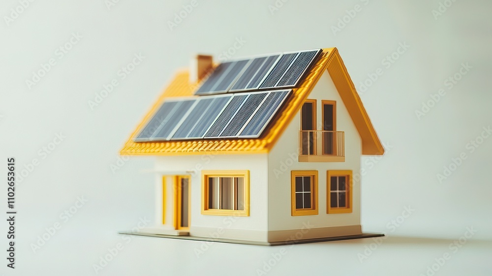 miniature house model with solar panel on roof on white background. smart home energy saving concept miniature house model with solar panel on roof on white background. smart home energy saving concept