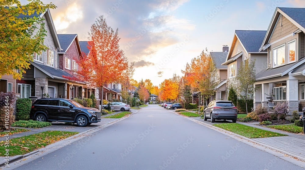 A serene autumn street lined with charming homes and vibrant fall foliage. A serene autumn street lined with charming homes and vibrant fall foliage.