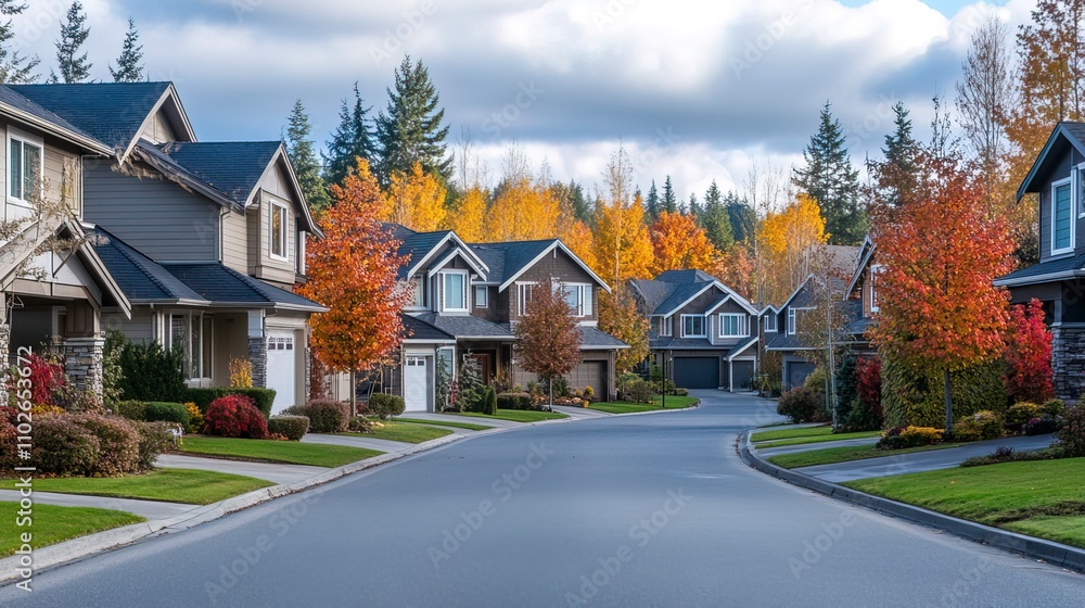 A serene autumn street lined with charming homes and vibrant fall foliage. A serene autumn street lined with charming homes and vibrant fall foliage.