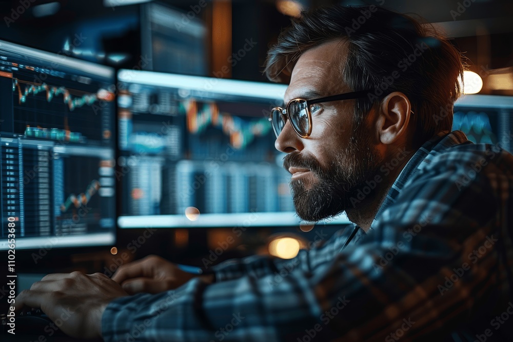 Stock Market Analyst Working on Multiple Screens in a Dark Office at Night Stock Market Analyst Working on Multiple Screens in a Dark Office at Night