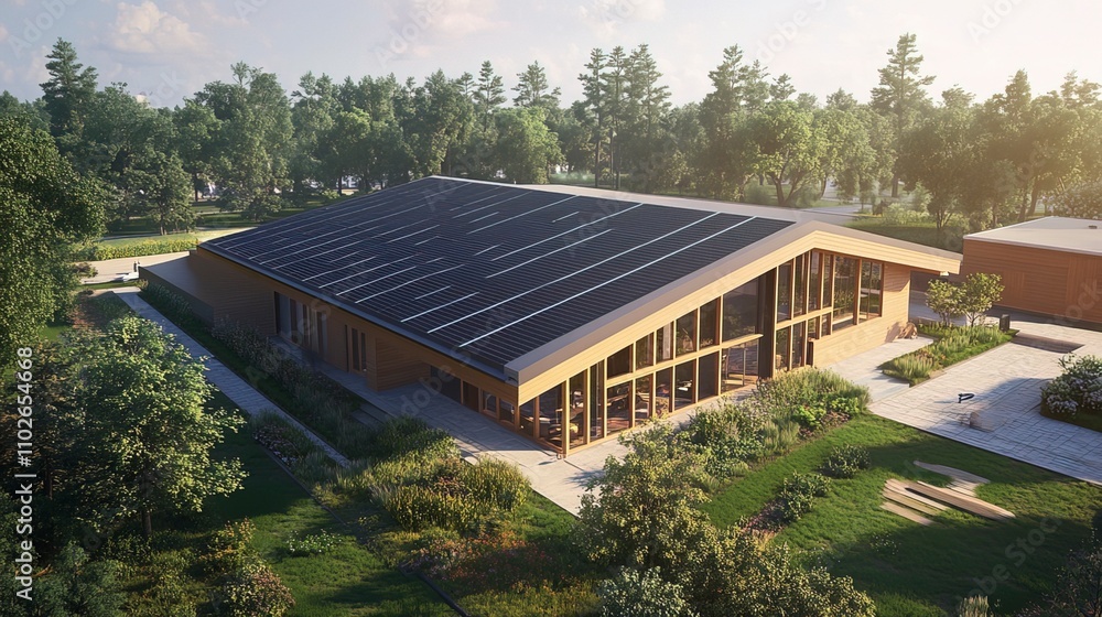 New suburban house with a photovoltaic system on the roof. Modern eco friendly passive house with landscaped yard. Solar panels on the gable roof New suburban house with a photovoltaic system on the roof. Modern eco friendly passive house with landscaped yard. Solar panels on the gable roof