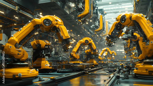 A 3D Render of a Futuristic Factory with Multiple Yellow Robotic Arms Working in an Assembly Line