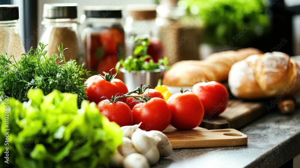 A kitchen counter filled with colorful fresh ingredients like tomatoes, lettuce, and freshly baked bread. A kitchen counter filled with colorful fresh ingredients like tomatoes, lettuce, and freshly baked bread.