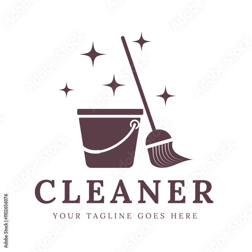 Cleaning Service Logo with Mop and Bucket Icon, designed in a minimalist and professional style, suitable for home or commercial cleaning service brands.