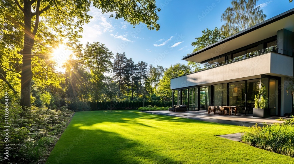 Very modern house with garden in front. Sunny day. Green lawn and trees. Very modern house with garden in front. Sunny day. Green lawn and trees.