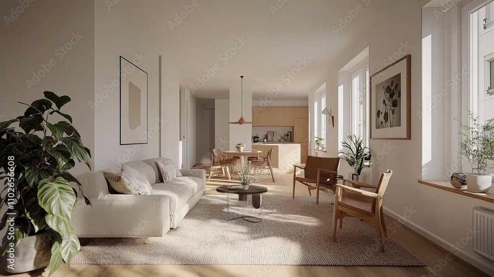 Modern Scandinavian home interior design characterized by an elegant living room featuring a comfortable sofa, mid century furniture, cozy carpet, wooden floor, white walls, and home plants. Modern Scandinavian home interior design characterized by an elegant living room featuring a comfortable sofa, mid century furniture, cozy carpet, wooden floor, white walls, and home plants.