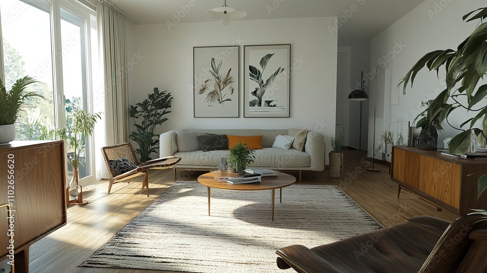 Fototapeta premium Modern Scandinavian home interior design characterized by an elegant living room featuring a comfortable sofa, mid century furniture, cozy carpet, wooden floor, white walls, and home plants. 
