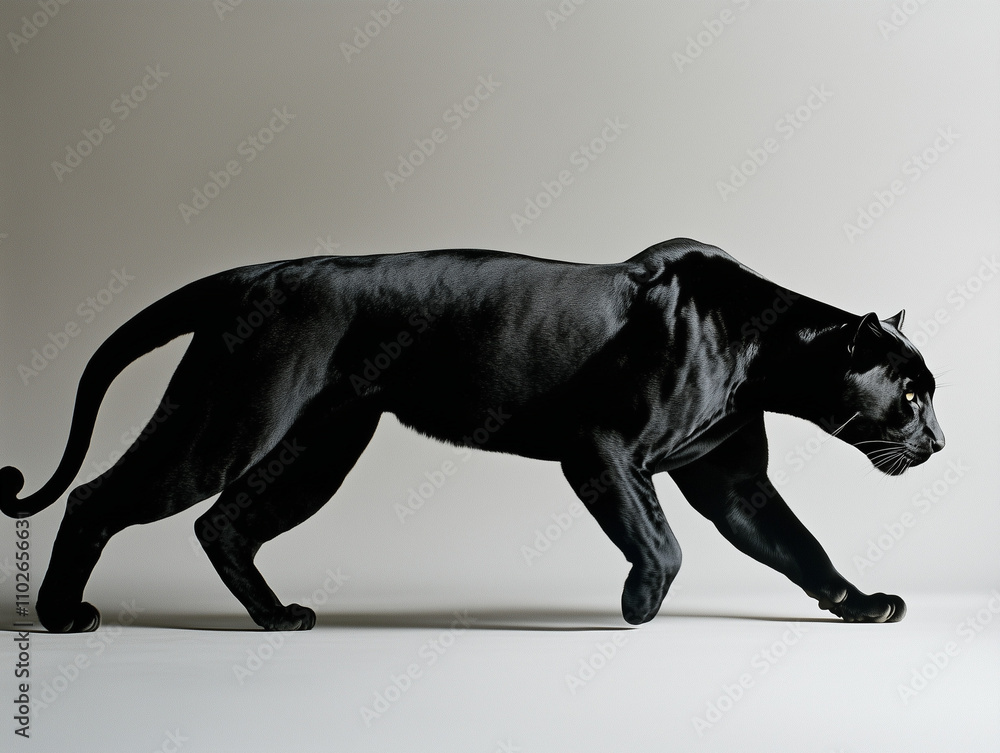 Fototapeta premium A Sleek Black Panther Prowling: Photo-realistic on Plain Grey Background