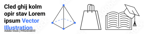 Geometric shape with dots, shopping bag, open book with graduation cap, placeholder text. Ideal for education, e-commerce, geometry, learning consumerism academics informational content. Landing
