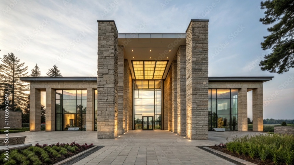 The monumental entrance showcases a fusion of stone pillars and modern glass panels signifying an open invitation to cultural exploration. The monumental entrance showcases a fusion of stone pillars and modern glass panels signifying an open invitation to cultural exploration.