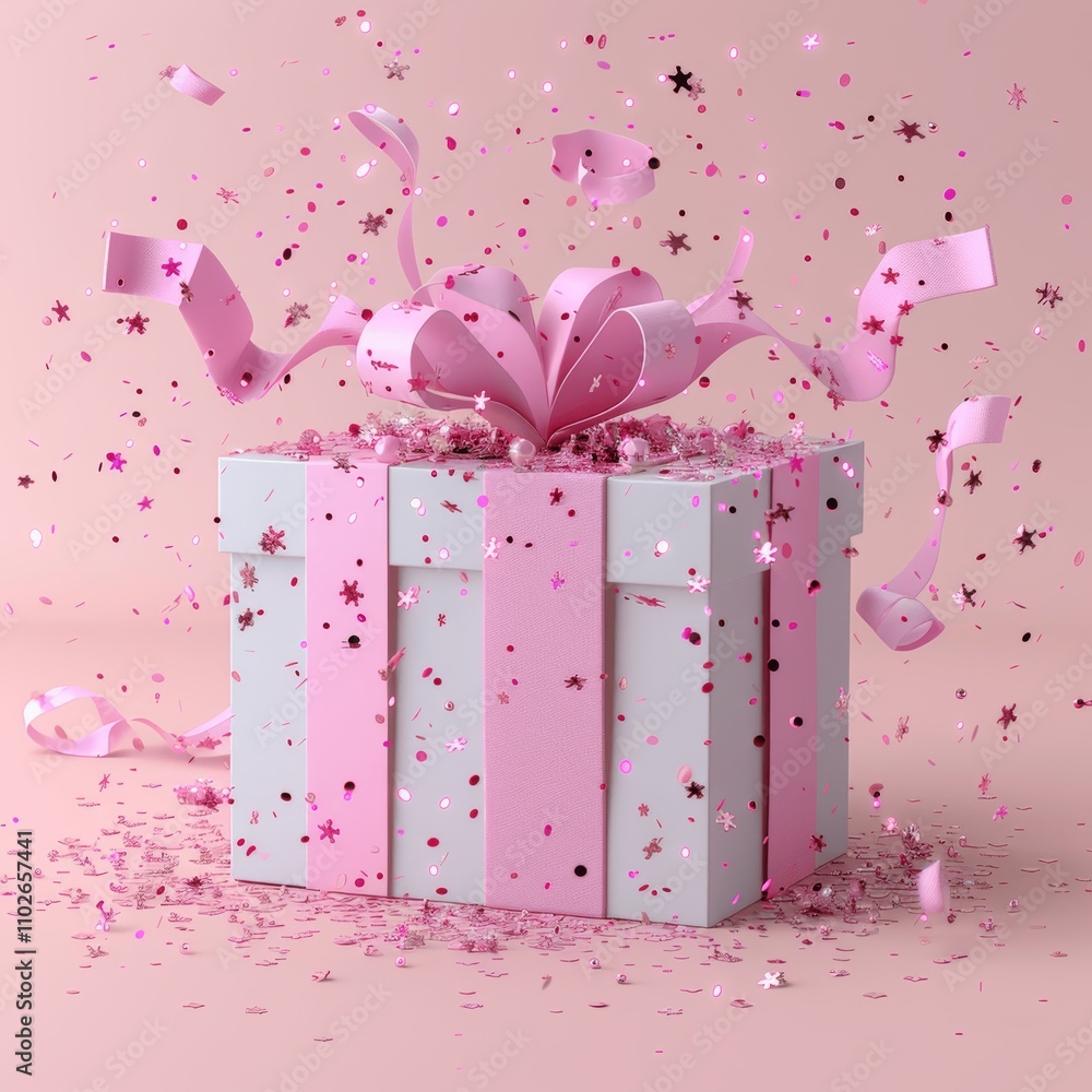 Open gift box with pink ribbon on pastel pink background Open gift box with pink ribbon on pastel pink background