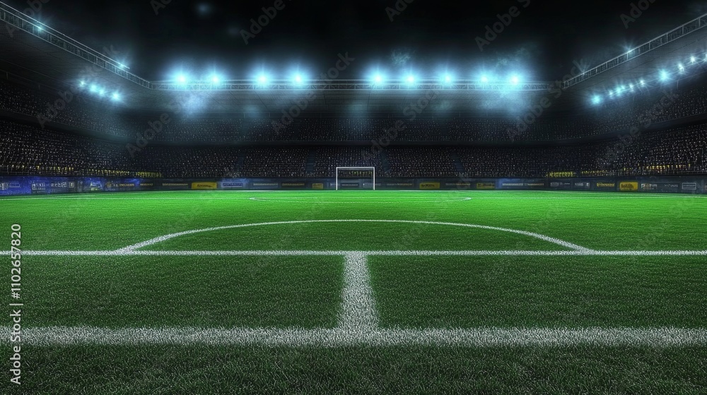 Fototapeta premium Football Stadium Night Scene with Illuminated Grass Field and Goalposts Spectators in Background