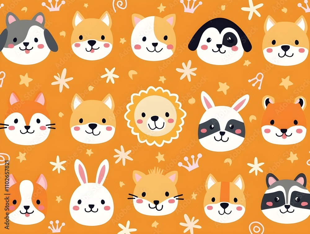 Fototapeta premium seamless pattern with funny baby animals face. Generative ai