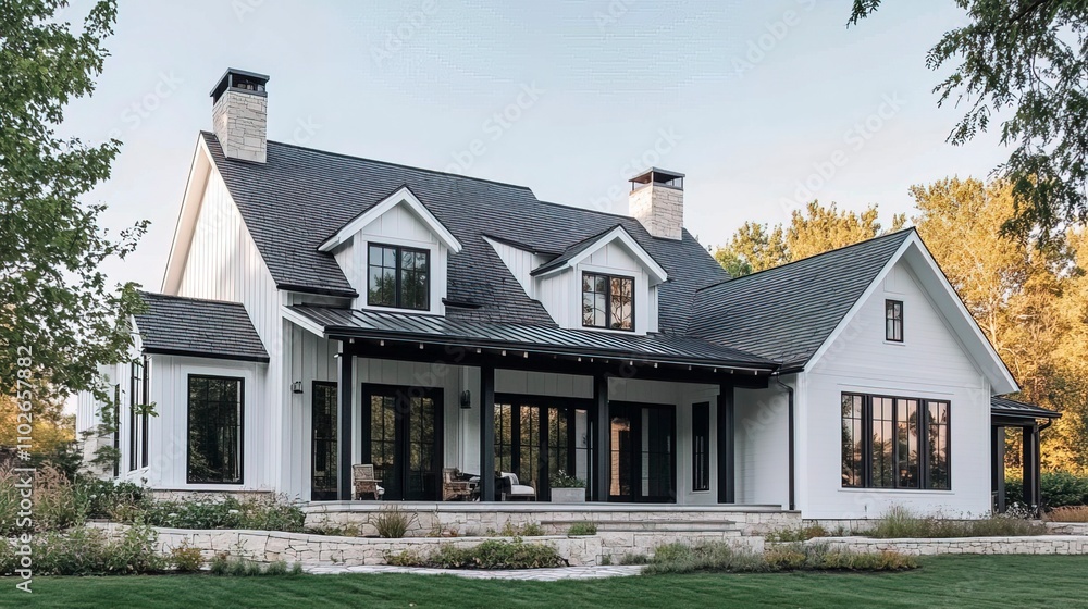 A new, white modern farmhouse with a dark shingled roof and black window frames. The bottom of the house has a light rock siding and covered front porch. A new, white modern farmhouse with a dark shingled roof and black window frames. The bottom of the house has a light rock siding and covered front porch.