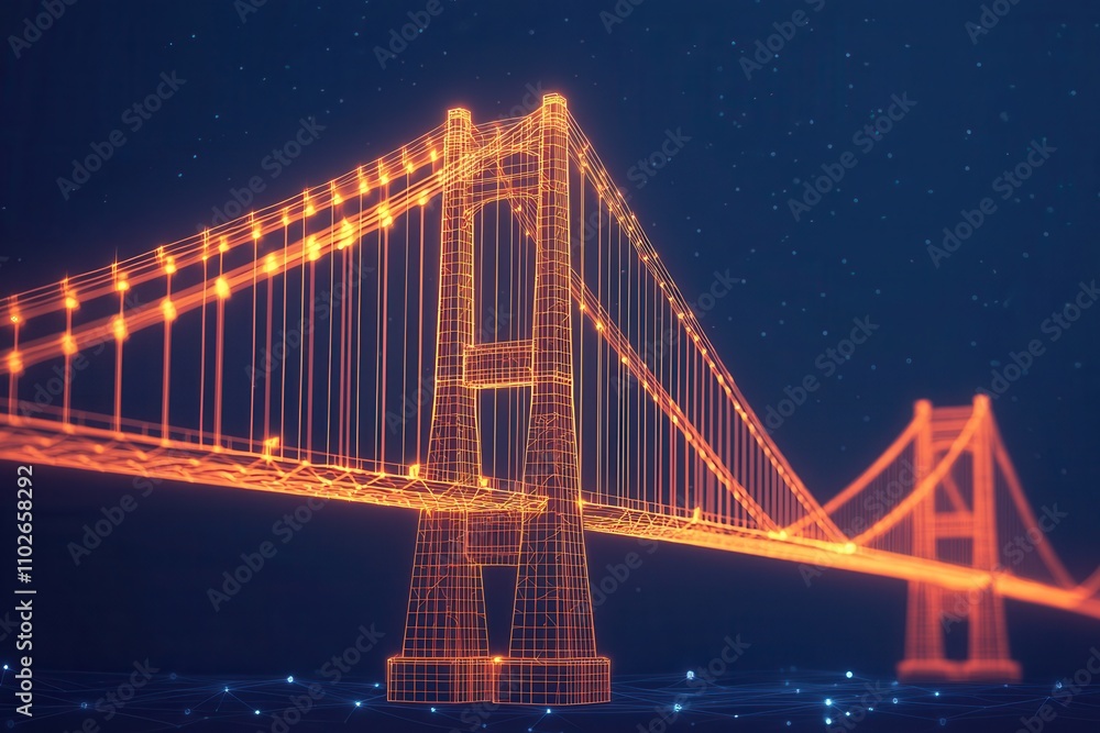 Naklejka premium Organization structure and mission, A digital representation of a bridge illuminated in orange light against a dark background, showcasing a modern artistic interpretation of structural engineering.