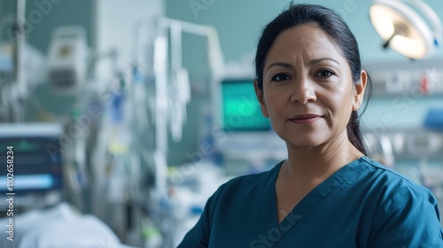 A middle-aged Hispanic woman in a nursing uniform stands confidently in a hospital setting, embodying the dedication and care of healthcare professionals.