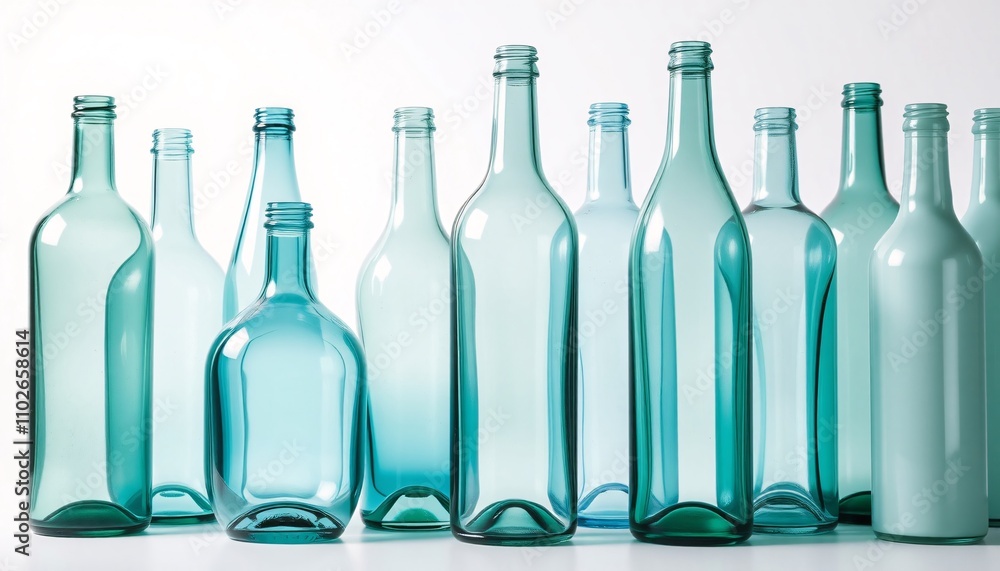 Group of empty teal glass bottles on white background Group of empty teal glass bottles on white background