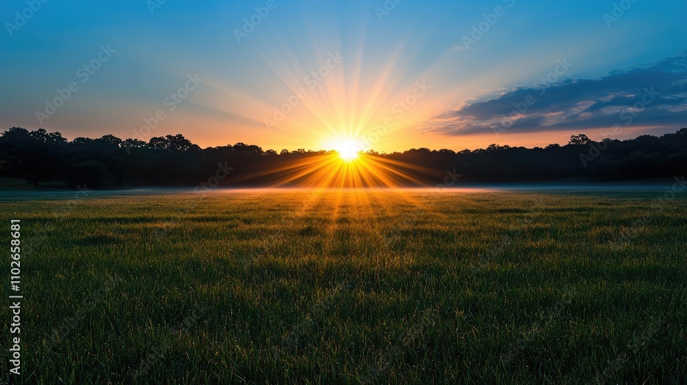 Dramatic sunrise over a lush green field with sun rays piercing through the trees. Dramatic sunrise over a lush green field with sun rays piercing through the trees.