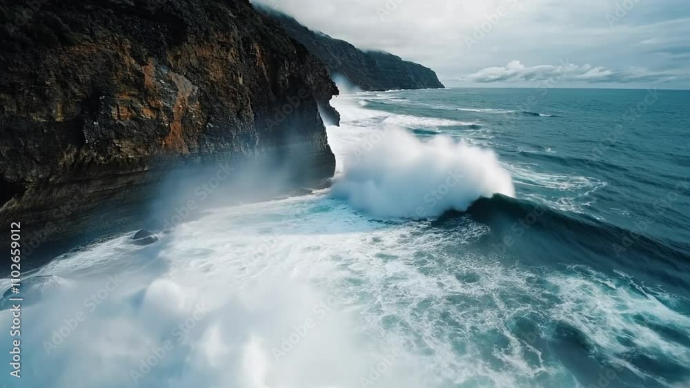 A powerful wave crashing against a rocky coastline under a cloudy sky. A powerful wave crashing against a rocky coastline under a cloudy sky.