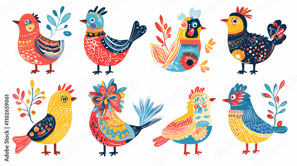 Obraz premium A collection of birds with various folk ornaments. paper cut scandinavian style. flat design. hand drawn colored modern set. modern trendy illustration. all elements isolated. Folk. Illustration