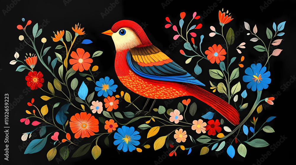A painting of a bird and flowers on a black background. generative ai. polish folk art. Folk. Illustration A painting of a bird and flowers on a black background. generative ai. polish folk art. Folk. Illustration