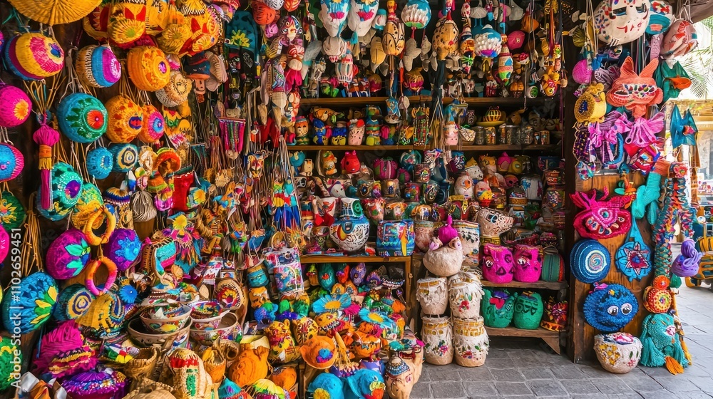 Fototapeta premium A market stall in Mexico filled with handcrafted souvenirs like mini piñatas, embroidered textiles, and pottery.