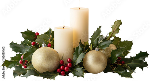 christmas decoration with candle and holly