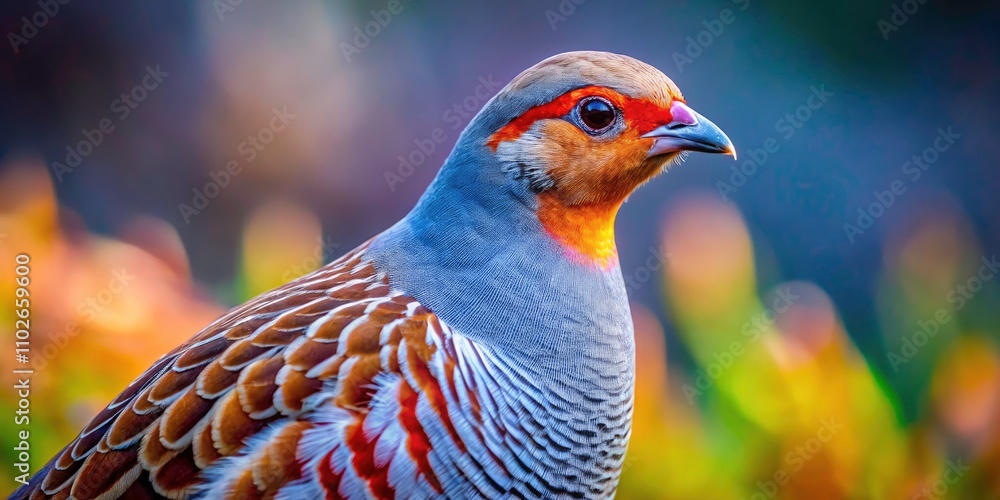 Obraz premium Stunning Night Photography of Gray Partridge Close-Up Portrait, Capturing Intricate Feather Details and Captivating Eyes in Natural Habitat, Ideal for Wildlife Enthusiasts and Nature Lovers
