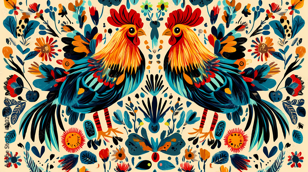 Obraz premium A polish folk pattern embroidery with roosters. Folk. Illustration