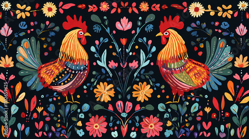 Wallpaper Mural A polish folk pattern embroidery with roosters. Folk. Illustration Torontodigital.ca