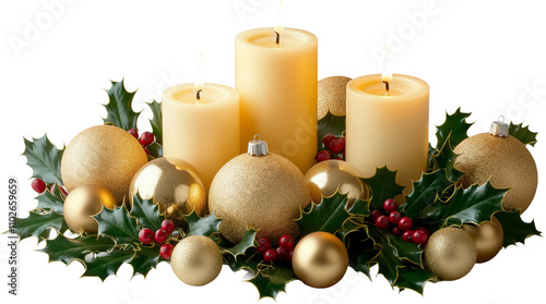 christmas decoration with candle and holly