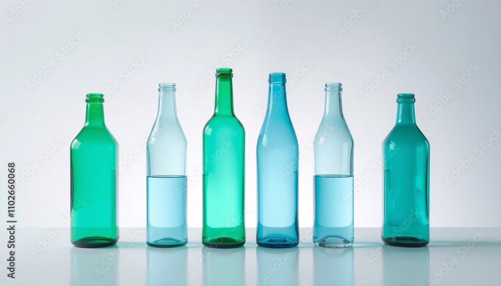 Row of colorful glass bottles, some filled with water. Clean, simple design.