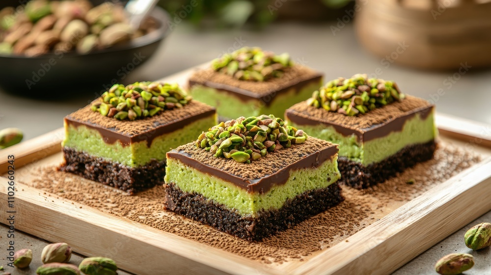 Delicious chocolate pistachio cake display bakery food photography rustic setting gourmet treats Delicious chocolate pistachio cake display bakery food photography rustic setting gourmet treats