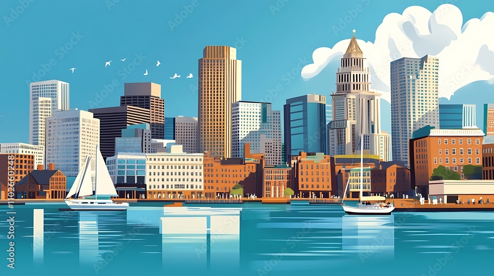 Boston Skyline, Harbor Boats, and a Sunny Day
