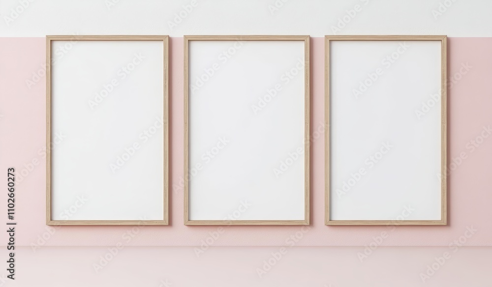 empty wooden frames on pastel pink and white background, minimalist photography, frame mockup, interior design empty wooden frames on pastel pink and white background, minimalist photography, frame mockup, interior design