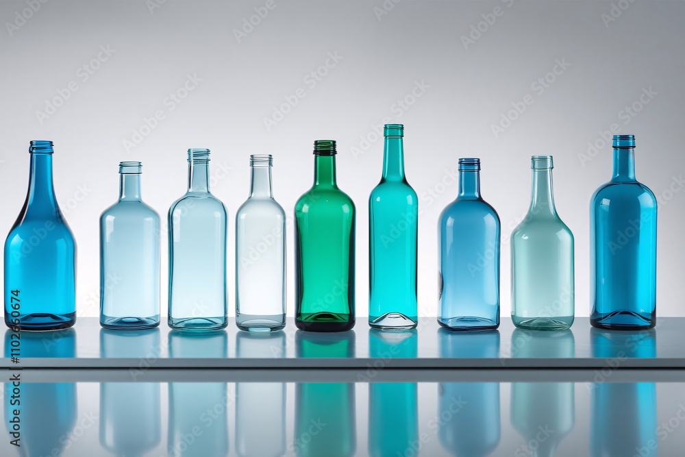 Various colored glass bottles on a reflective surface. Various colored glass bottles on a reflective surface.