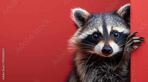 Adorable Raccoon Peeking from Red Background