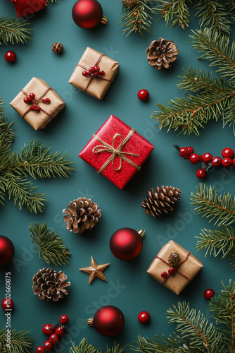 Seamless pattern of Christmas elemnts on mistery background, top view, flat lay  photo