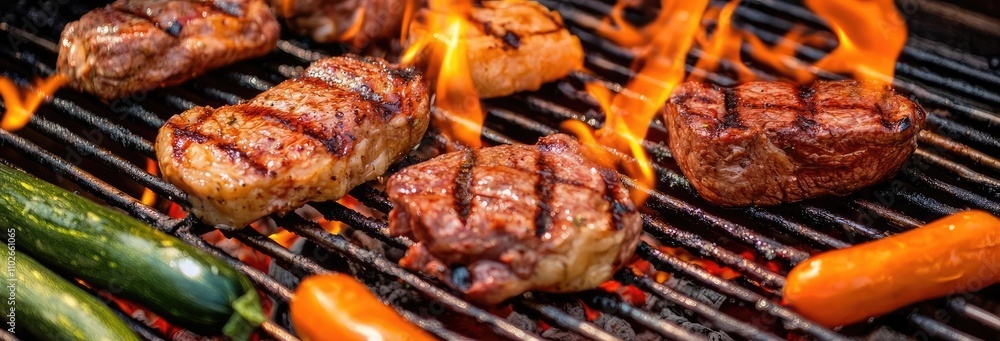 Grilled meat on barbecue, with flames and vegetables, dark background. Grilled meat on barbecue, with flames and vegetables, dark background.