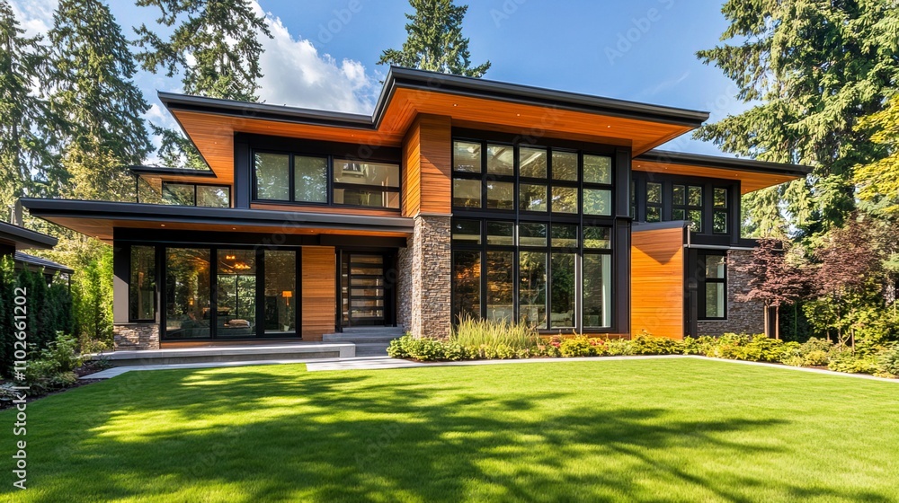 Modern Two-Story House with Large Windows and a Green Lawn Modern Two-Story House with Large Windows and a Green Lawn