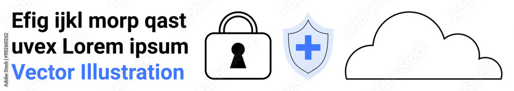 Lock represents security, shield with plus sign denotes protection, and cloud symbolizes cloud storage. Ideal for digital security, data protection, cloud computing, online privacy, IT services Lock represents security, shield with plus sign denotes protection, and cloud symbolizes cloud storage. Ideal for digital security, data protection, cloud computing, online privacy, IT services
