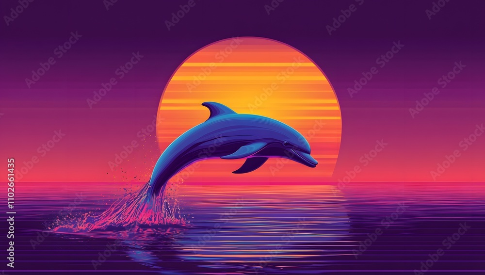 A vibrant illustration of a dolphin leaping out of the ocean at sunset. The colors are bold and saturated, creating a surreal and energetic mood. A vibrant illustration of a dolphin leaping out of the ocean at sunset. The colors are bold and saturated, creating a surreal and energetic mood.