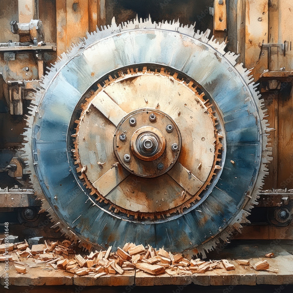 A large, circular saw blade with wooden shavings, highlighting industrial machinery. A large, circular saw blade with wooden shavings, highlighting industrial machinery.