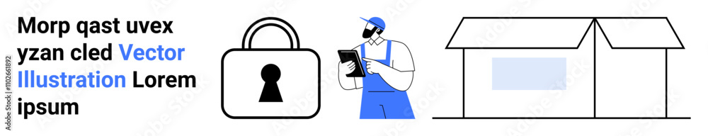 Technician in blue overalls holding a clipboard stands next to a large padlock and a secure warehouse. Ideal for security, storage, safety, inspection, logistics, warehouse management, industrial Technician in blue overalls holding a clipboard stands next to a large padlock and a secure warehouse. Ideal for security, storage, safety, inspection, logistics, warehouse management, industrial