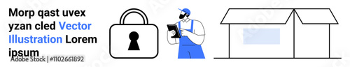 Technician in blue overalls holding a clipboard stands next to a large padlock and a secure warehouse. Ideal for security, storage, safety, inspection, logistics, warehouse management, industrial