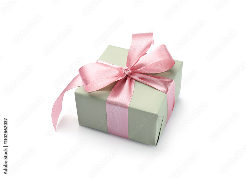 Beautiful gift box with pink bow isolated on white Beautiful gift box with pink bow isolated on white