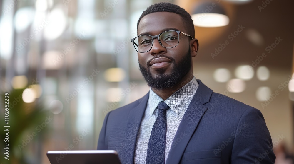 Confident Businessman Holding Tablet in Modern Office Confident Businessman Holding Tablet in Modern Office