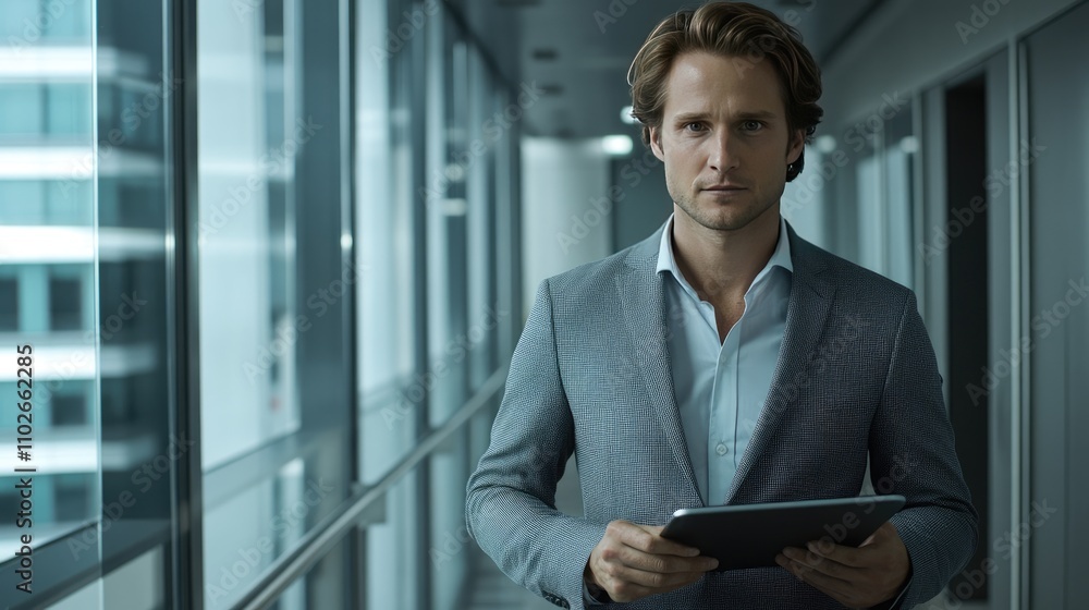 Businessman with Tablet in Modern Office Environment Businessman with Tablet in Modern Office Environment