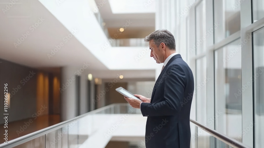 Businessman Using Tablet in Modern Office Space Businessman Using Tablet in Modern Office Space