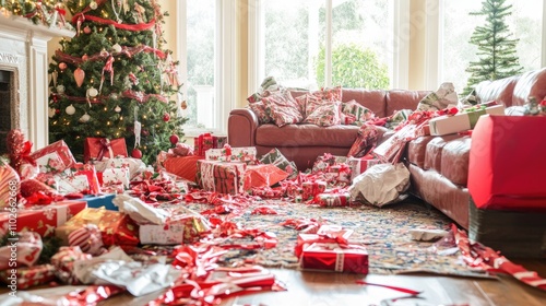 Messy Living Room After Christmas Gift Opening